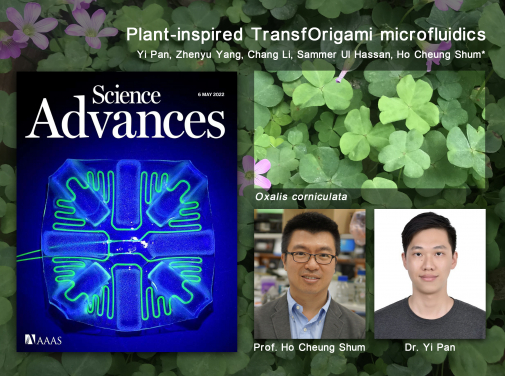 研究論文 「Plant-inspired TransfOrigami microfluidics」刊登於《科學進展》2022年5月6日的封面。研究團隊（左起）為香港大學機械工程系岑浩璋教授和潘益博士。背景圖片為三葉草。

 